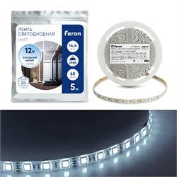 Лента светодиодная 12V FERON LS607, 60*SMD5050, 14,4W/m, IP65, 6500К (холодный белый), в комплекте к 27652 - фото 76379