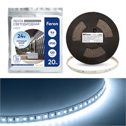 Лента светодиодная 24V FERON LS520, 120*SMD2835, 9,6W/m, 1056Lm/m, IP20, 6000К кратность резки 100мм 41278 - фото 77725