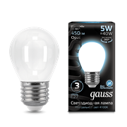 Лампа Gauss Filament Шар 5W 450lm 4100К Е27 milky LED 1/10/50 105202205